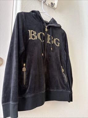 BCBGMAXAZRIA Black and Gold Eagle Logo Velour Track jacket
